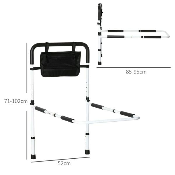 White adjustable bed rail with black foam grip and overbed storage pocket, front view
