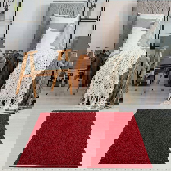 Shaggy Rug Plain Red non-shedding easy to clean
