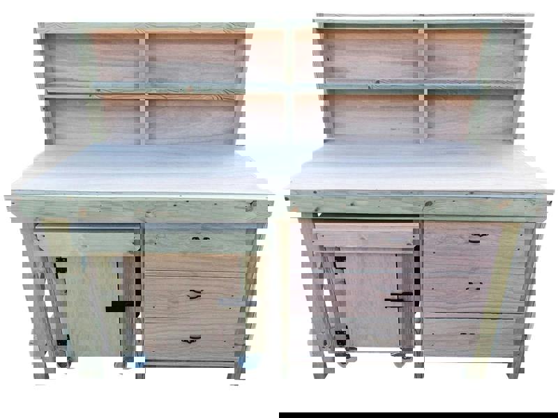 Arbor Garden Solutions Wooden Eucalyptus hardwood top workbench with drawers and functional lockable cupboard (V.6) with back