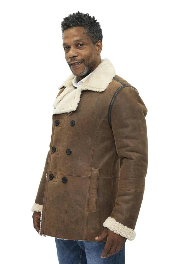 Infinity Leather Mens Double Breasted Shearling Sheepskin Pea Coat-Kington
