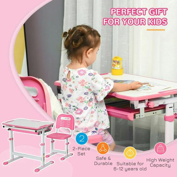 Pink kids desk and matching chair set with tilted desktop and built-in storage