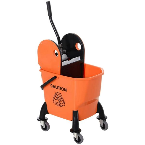 Orange 25L mop bucket with wringer, black handle, and four caster wheels