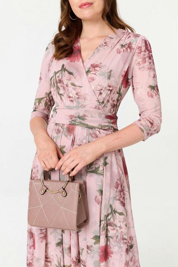 Pink | Floral 3/4 Sleeve Wrap Front Midi Dress
