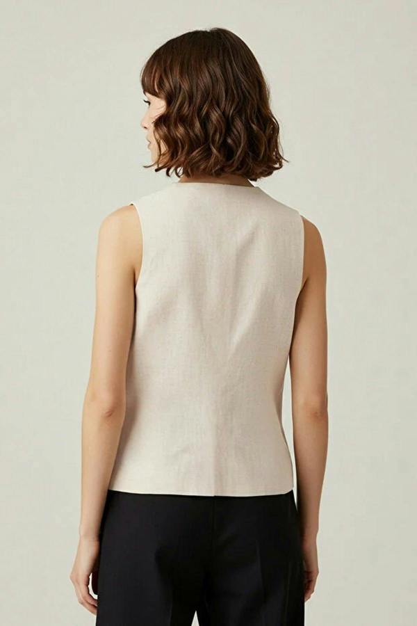 WOVCOR Linen Look Front Tie V-Neck Woven Vest