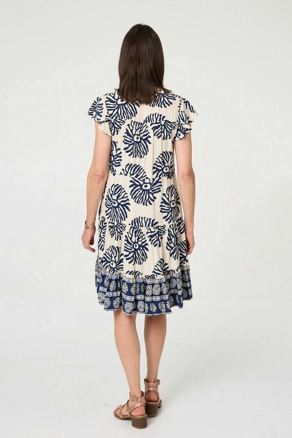 Blue | Floral Border Print Knee Length Dress