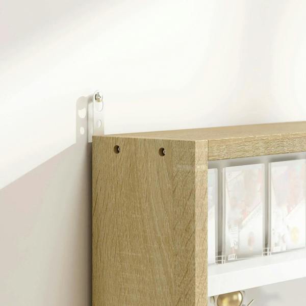 Natural wood cabinet corner with mounting hardware and glass door frame detail