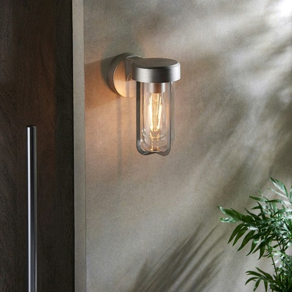 Brushed Silver Outdoor Wall Light with Clear Glass Shade - IP44 Rated - LED Bulb