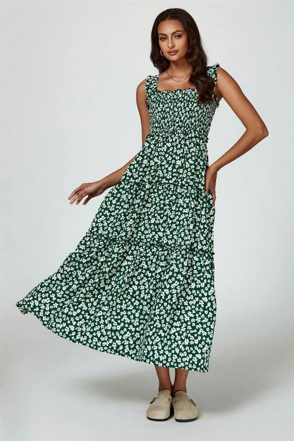 FS Collection Floral Print Hem Detail Tiered Maxi Dress In Green