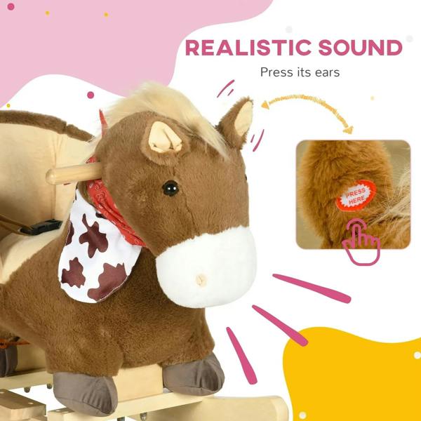 Brown plush rocking horse head with floppy ears and red safety harness panel