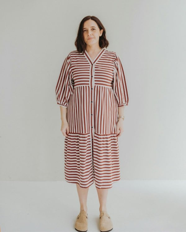 Clara Red Horizontal Stripe Print Midi Dress- image 2