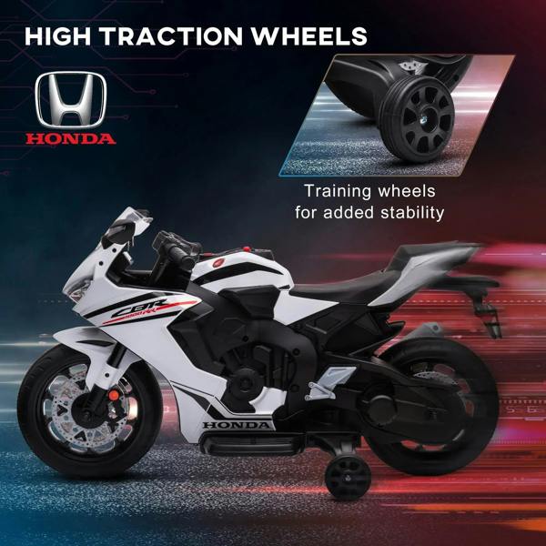 White kids ride-on motorcycle side profile with training wheels and front fairing