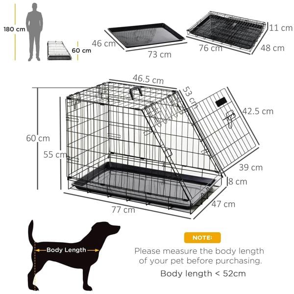 Collapsible dog crate diagram with dimensions and open door, black metal wire