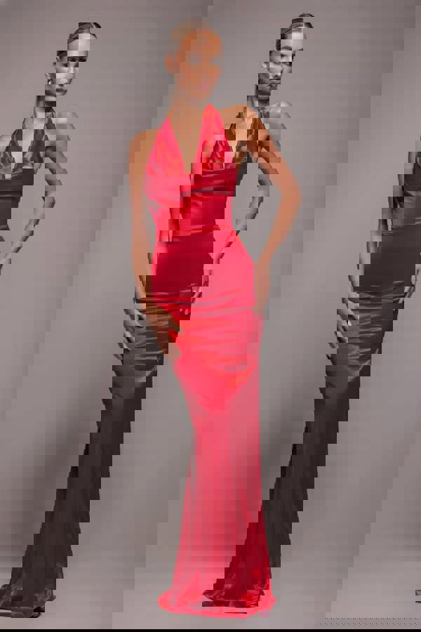 Halter Cowl Neck Back Maxi Dress - Red DR4387