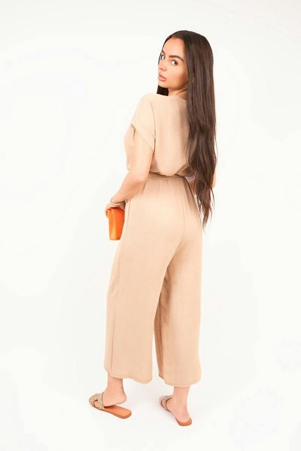 Nerina Wrap Short Sleeve Wide Leg Jumpsuit With Tie Waist - Mocha