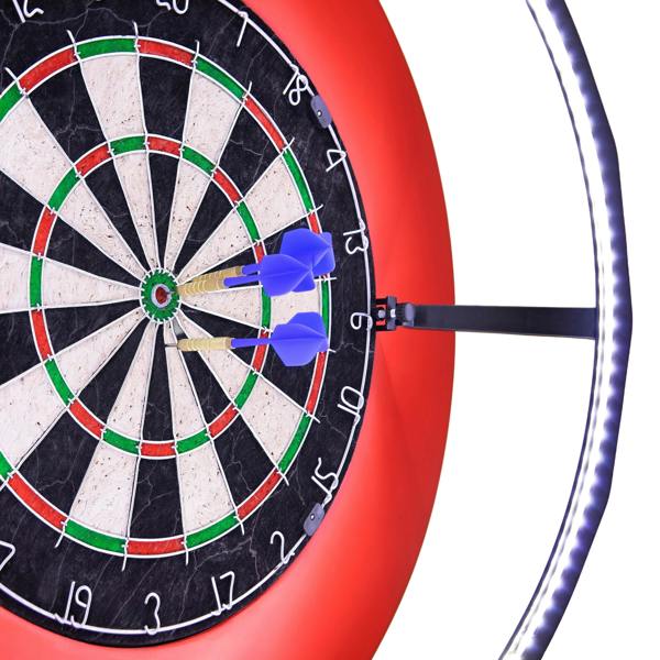 Dartboard LED ring light illuminating a traditional dartboard with vibrant colors and three blue darts in the bullseye