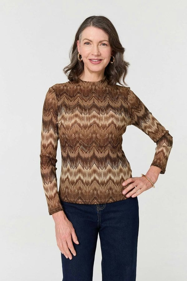 Brown | Sparkly Embellished High Neck Fitted Top
