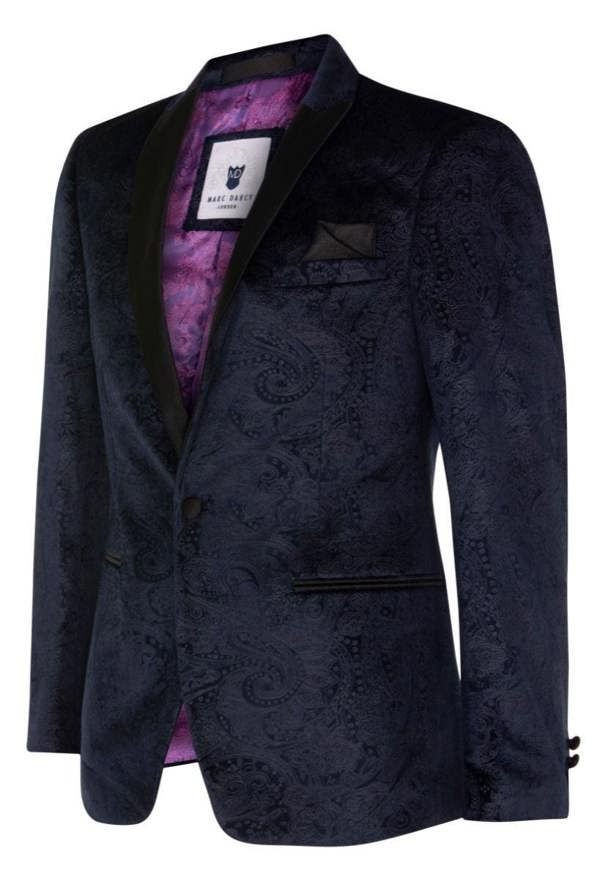 Marc Darcy Mens Navy Velvet Paisley Blazer Dinner Jacket