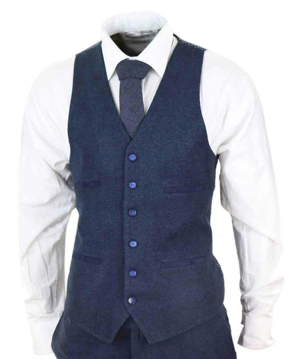 TruClothing Mens 3 Piece Navy Blue Wool Tweed Vintage Retro Suit