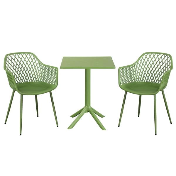 Core Products 3 Piece Bistro Garden Set, Pair Of Lattice Armchairs & Square Plastic Table, Moss Green