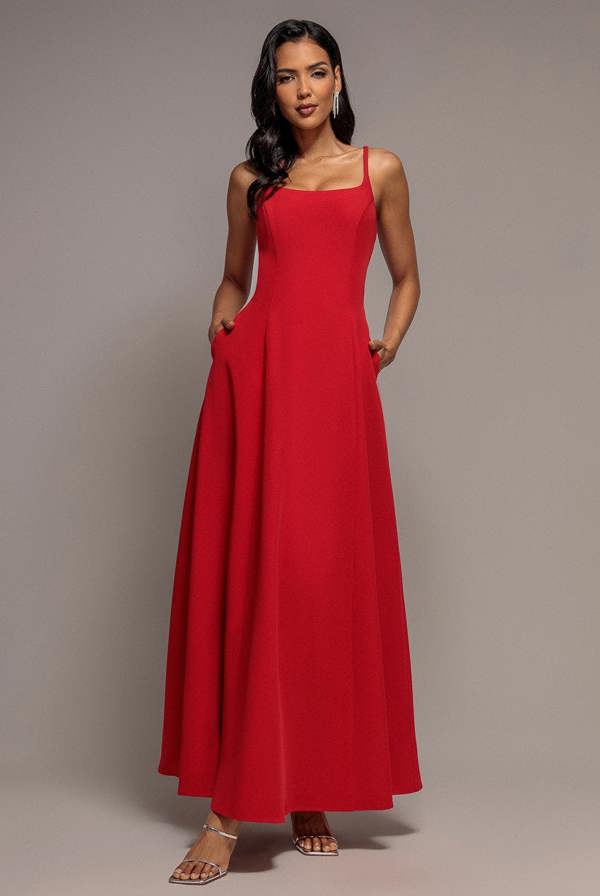Strapless Fit & Flare A Line Maxi Dress - Red DR5114