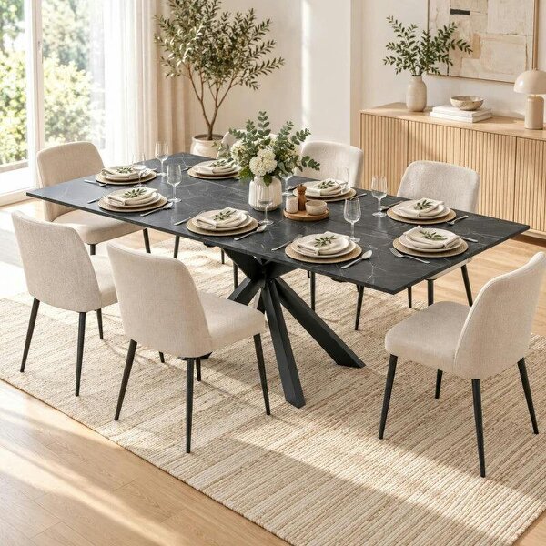 Extendable Dining Table Steel Cross Legs Steel Rails Space Saving Black