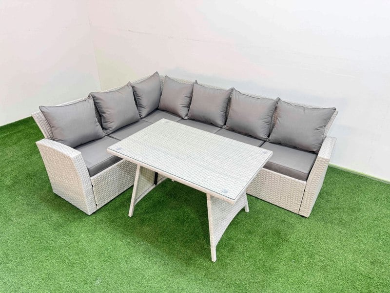 Fimous Garden Outdoor Rattan Furniture Set Rattan Corner Sofa Oblong Dining Table Set Light Grey Mixed 6 Seater