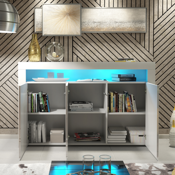Mex Furniture 155cm Sideboard TV Stand Cupboard Cabinet – White High Gloss Doors with Free LED