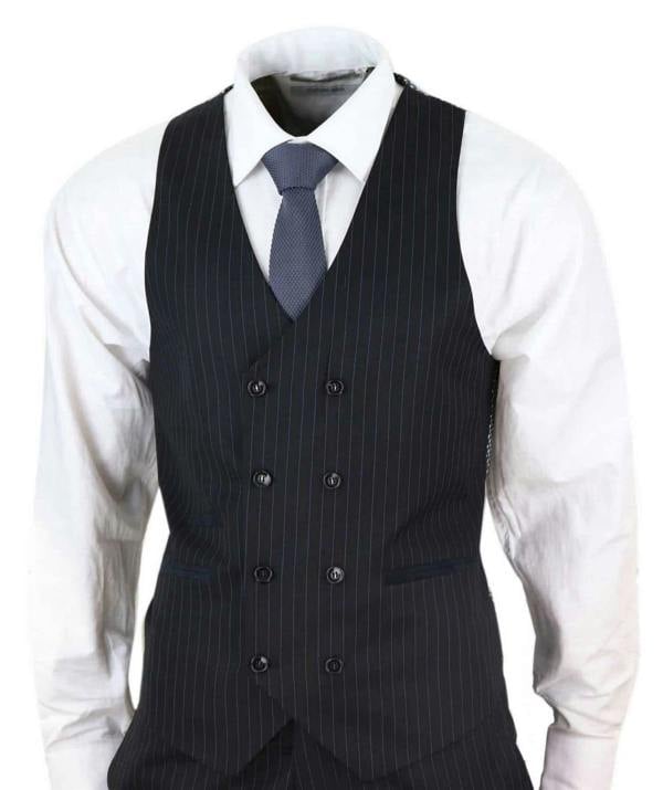 TruClothing Men's 3 Piece Black Pinstripe Retro Suit