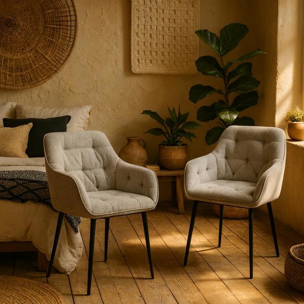 Wyld Haus Buttonfern Set of 2 Beige Diamond Upholstered Dining Chairs with Armrest