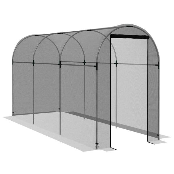 Galvanised steel fruit cage plant protection tent with zipped black door, arched frame