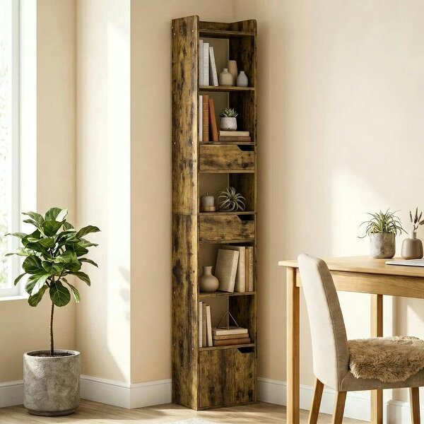 Bookcase Tall Narrow with 5 Tiers and Drawers Freestanding Bookshelf Storage Cabinet for Living Room Rustic Brown - Rustic Brown