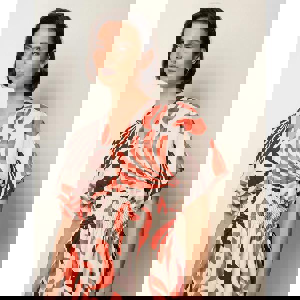 Blue Vanilla V Neck Abstract Leaf Print Dress