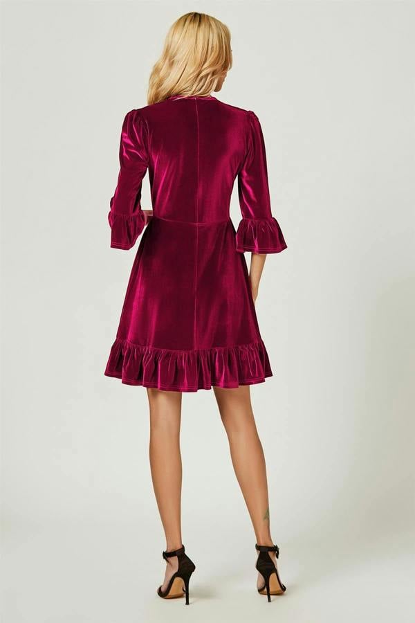 FS Collection Velvet Frill Detail Mini Dress In Violet