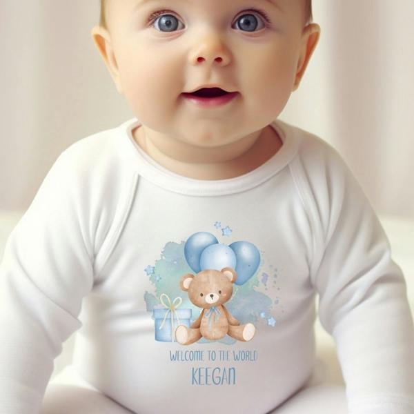 Personalised Welcome to the World Blue Balloons Teddy Baby Grow, Vest or Bib with Name