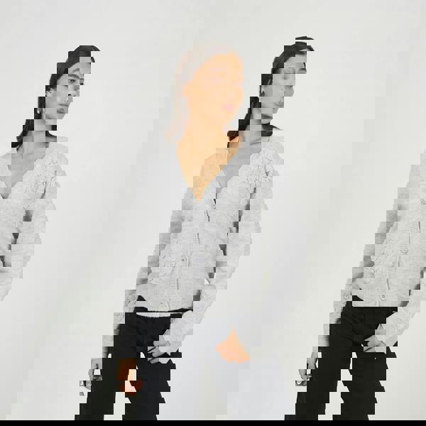 Brave Soul Light Grey Floral Embroidery V-Neck Cardigan - Light Grey Image 1