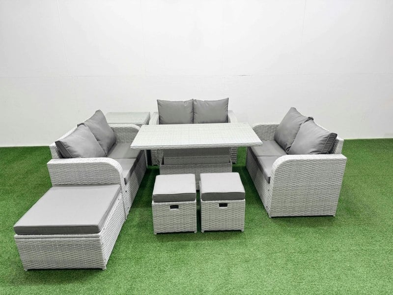 Fimous  9 Seater PE Wicker Rattan Furniture Sofa Sets with Adjustable Lifting Dining or Coffee Table 2 Seater Love Sofa 3 Stool Side Table Light Grey