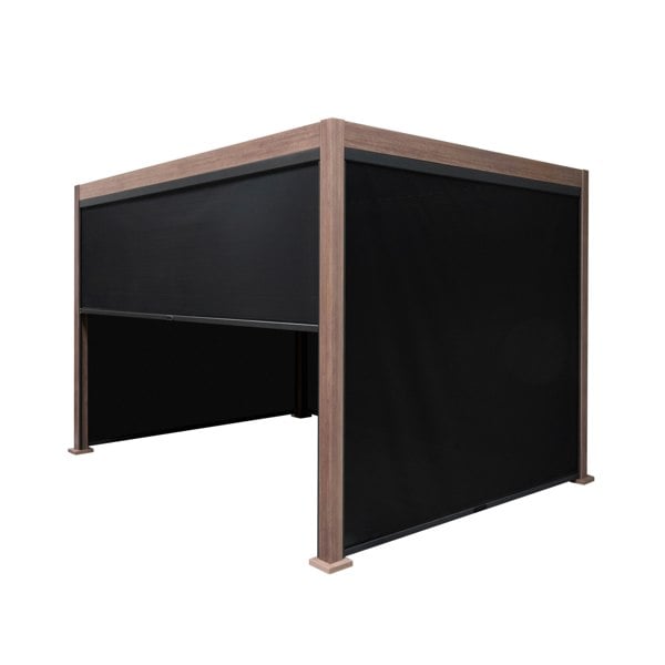 Wood effect aluminium pergola with blinds, 3m x 3m, featuring a sleek design, textured wood finish, and adjustable black blinds for privacy