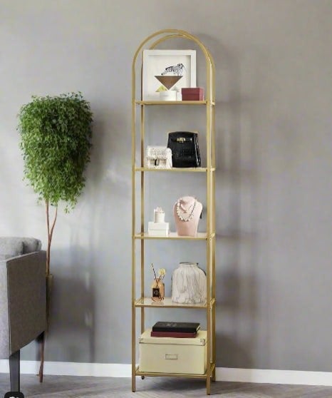 Modcraft 5-Tier Tempered Glass Shelf Unit, Arched Display Rack, Metallic Gold Frame 183.5 cm