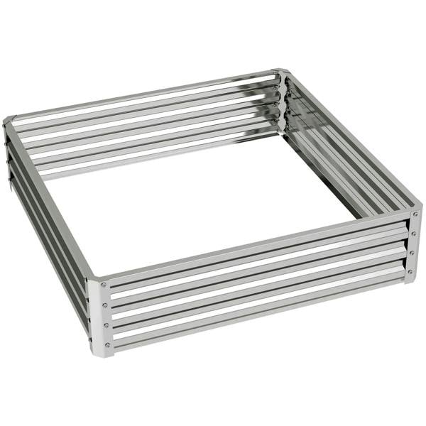Square raised garden bed box with slatted weatherized steel frame, silver tone