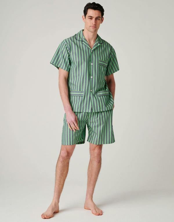 British Boxers Men's Crisp Cotton Short Pyjama Set – Green Flash Stripe
