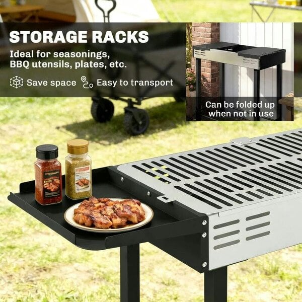 Bobobiy BBQ Rotisserie Grill Roaster Charcoal Spit Roasting Machine for Chicken Turkey with 3-Level Grill Grate, Side Shelves