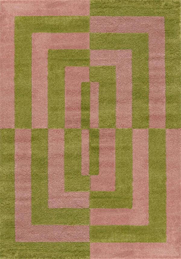 Geometric patterned rug with pink and green colors