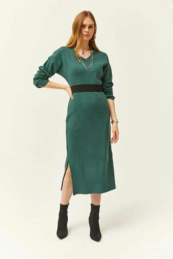 Hoxton Gal V-Neck Thick Ribbed Dress with Side Slit