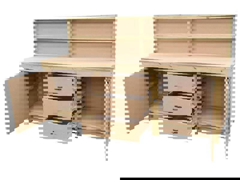 Arbor Garden Solutions Wooden work bench with drawers and double lockable cupboard (V.8) with back panel