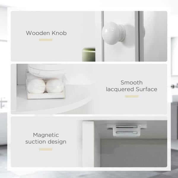 White wall-mounted bathroom cabinet with smooth lacquer finish, round wooden knob, and inner shelves