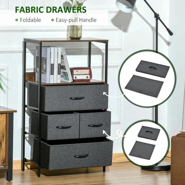 Gray fabric storage drawers with easy-pull handles in black frame on open shelf