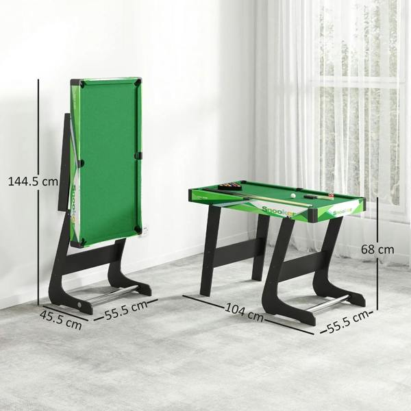 Green folding mini pool table set showing 104 cm length and side dimensions