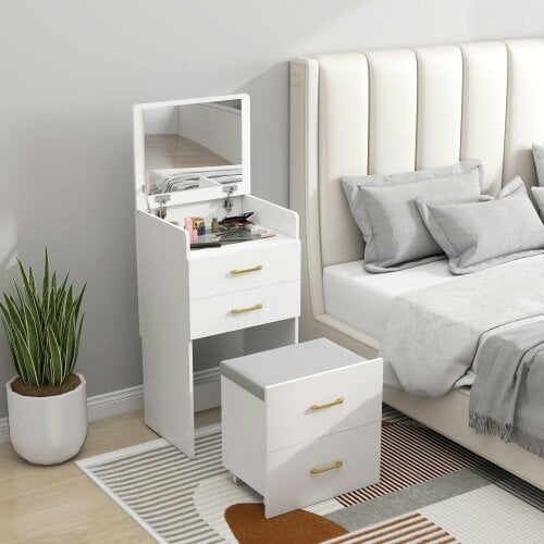 Wyld Haus Yova White Compact Dressing Table And Stool Set With Storage