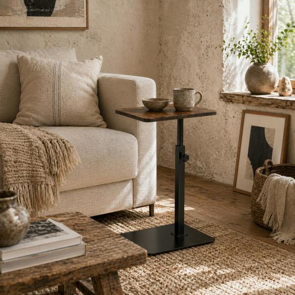 Wyld Haus Falava Metal And Wooden Rustic Brown Side Table With Adjustable Frame