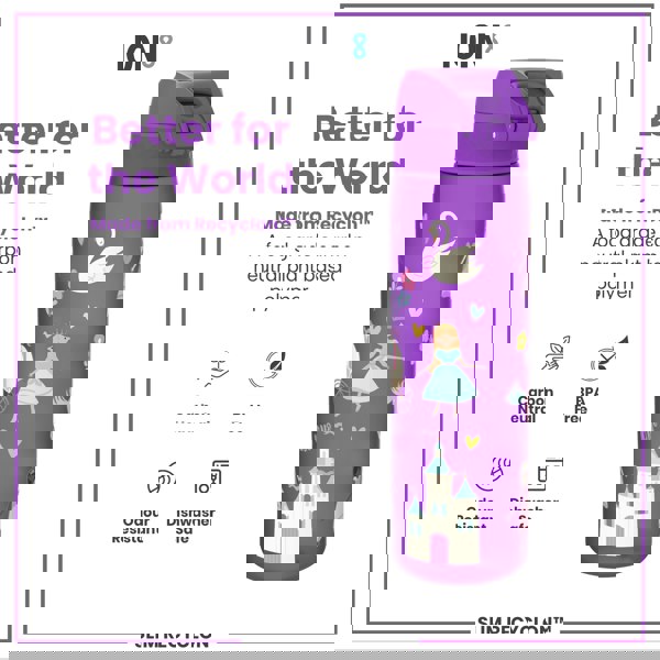 A purple water bottle, featuring a princess and castle design, sits against a white background. The bottle is made from Recyclon™, a plant-based polymer; it is BPA-free, odour-resistant, and dishwasher-safe.